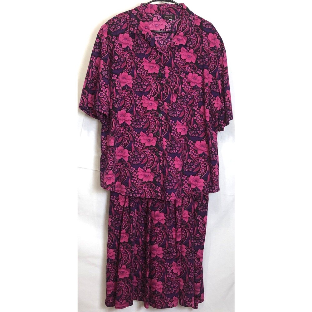 Vintage WentWorth 2pc Skirt Top Set 24W Pink Blk Floral Midi Straight Pockets